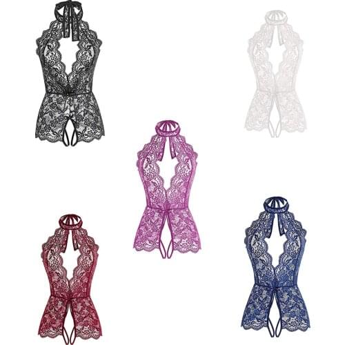 Womens Sexy Lingerie Lace Halter Flower Pattern See Through Hollow Design Open Crotch Bodysuit Lingerie