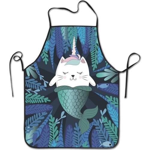 Funny Magic Cat Mermaid Apron Theme Cooking Chef Work Shop Women Men Adult Girl Kid Weavers Baking Decorations BBQ Kitchen