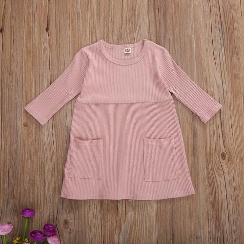 Emmababy Toddler Baby Girl Clothes Solid Color Round Neck Three Quarter Sleeve Dress Knitted Cotton Pockets Casual Girl Dress