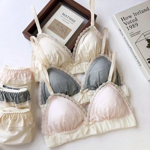 Wriufred Retro Cotton Wire Free Bra Sets Sexy Lace Lingerie Set Triangle Cup Women Bra Underpants Suit Girl Cute Bow Underwear