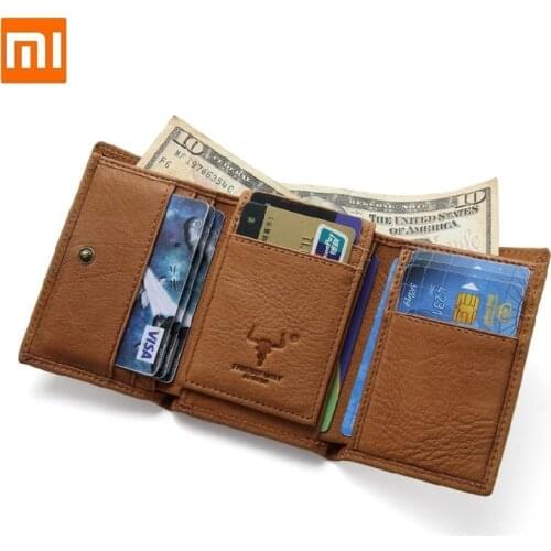 Xiaomi Mens women short Cowhide leather wallets RFID anti-theft brush Multifunctional retro trend card holder Coin Purse