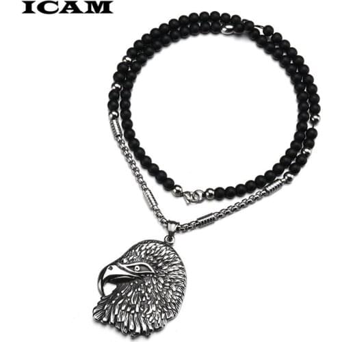 ICAM Eagle Head Cool Necklace & Pendant Hip-hop Jewelry Wholesale Stainless Steel Pendant Silver Color Beads Necklace Men