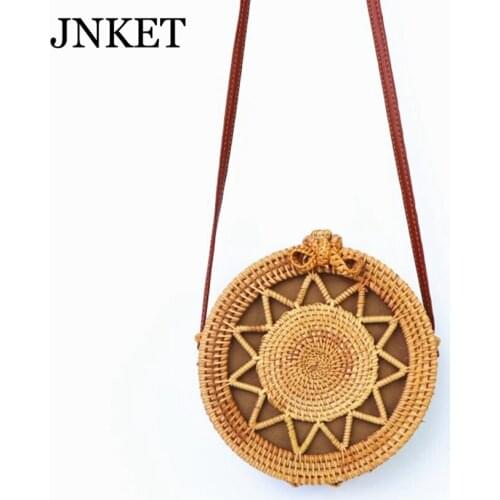 JNKET Fashion Women Summer Round Straw Bag Rattan Bags Handmade Woven Beach Crossbody Bags Shoulder Bags Circle Bag Handbag