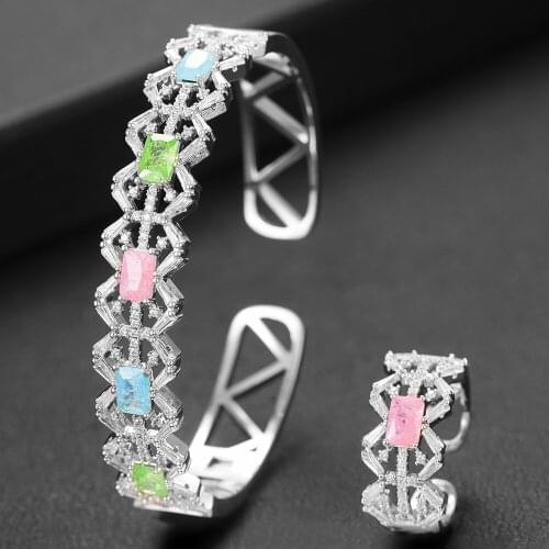 Trendy Exquisite Women Bridal Wedding ladies Mix Match stackable Bangle Ring Set 2PCS For Full Micro Cubic Zirconia Jewelry