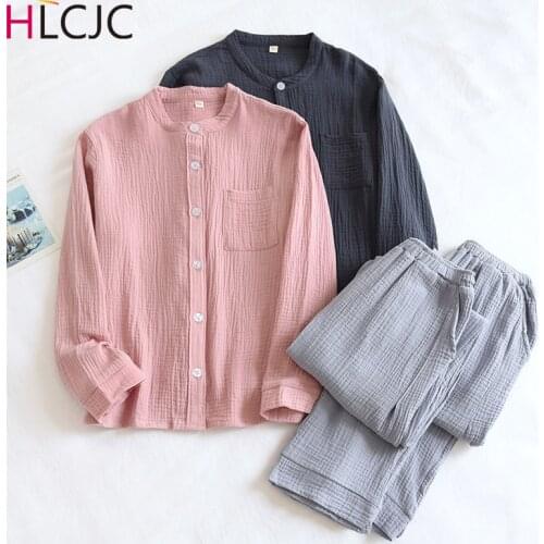 New Cotton Crepe Couple Pajama Set Color Contrast Pijamas Women and Men Long Sleeve Pants Sleepwear Soft Breathable Nightwear