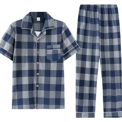 2021 New Mens Spring And Summer Cotton Short Sleeve Pants Pajamas Mens Cotton Casual Loose Plaid Home Wear Set