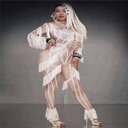T14 White tassel female bodysuit elastic jumpsuit singer stage costumes party wears jumpsuit perform outfit dj tights clothe dj
