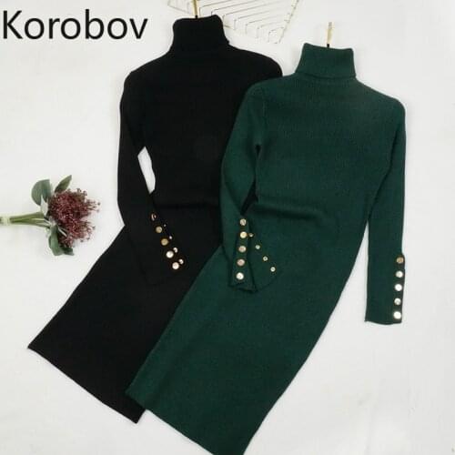 Korobov Knitted Dress Autumn Winter New Chic Turtleneck Long Sleeve Button Bandage Dresses Korean Elegant OL Robe Femme