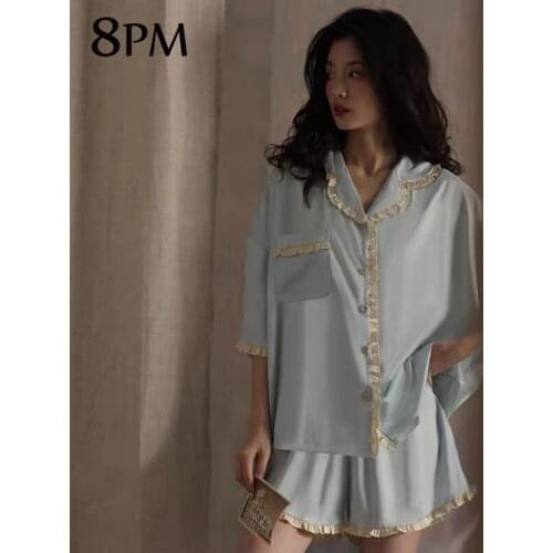 Vintage Satin Pajamas Womens Summer Casual Soft Faux Silk Satin Nightwear Homewear Short-sleeved Shorts Loungewear ouc1062