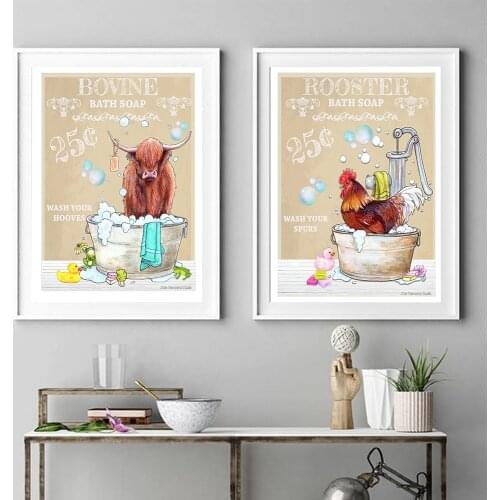 Vintage Animal in Wash Tub Poster Farmhouse Cock Highland Cow Canvas Painting Bathroom Wall Art Nordic Pictures Kid Room Decor