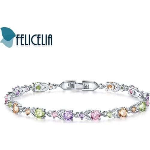 Felicelia Hot Sale Silver Color Women Bracelet Multicolor Rhinestone Tennis Bracelet Luxury Crystal CZ Chain Link Bracelet