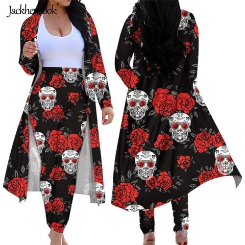 Jackherelook Red Floral Sugar Skull Pattern Womens 2 Piece Cardigan Cover up with Leggings Outfits High Waist Long Pants Set