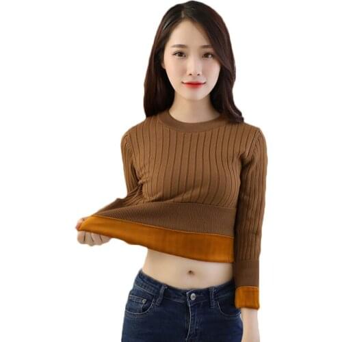 Winter Plus Velvet Thick Knit Sweater Bottoming Shirt Velvet Lining Warm Pullover Sweater Femme Fashion Thick Casual BlouseLQ584