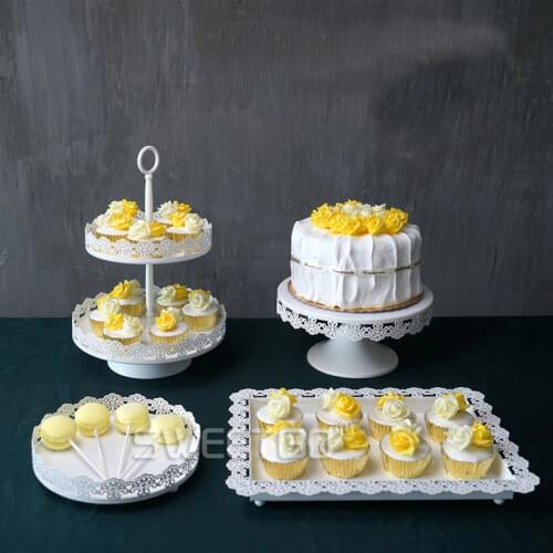 1 Set / 4 Pcs Lace Pattern Wedding Cake Stand Sets White Color ( include Plates & Stands )