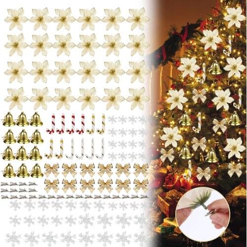 120Pcs Christmas Glitter Artificial Flowers Xmas Tree Hanging Ornaments with Snowflake Bells Home Wedding Xmas Party Decorations