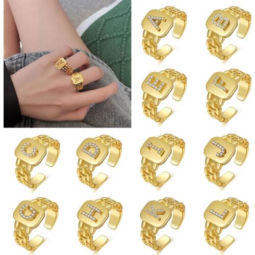 2021 Trendy Hip Hop Adjustable Gold Plated Brass Square A-Z Letter Shiny Ring Watch Band Statement Initial Rings For Women Men
