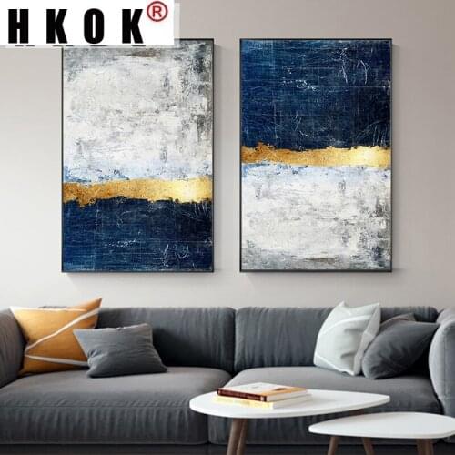 HKOK Abstract Gold Wave Block See Painting Blue Poster Spray Printing Modern Golden Wall Art Picture Living Room Home Decor