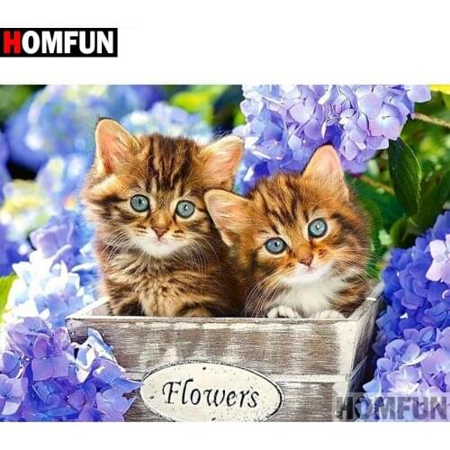 HOMFUN Diamond Embroidery DIY Diamond Painting Cross Stitch Kit "Cat and flower" 5D Needlework Diamond Home Decoration A19072