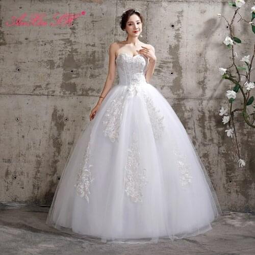 AXJFU princess white flower lace wedding dress ball gown vintage strapless sleeveless illusion party bride white wedding dress