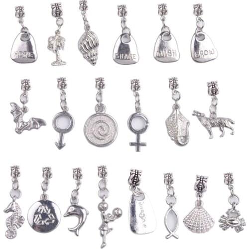 FREE SHIPPING 60PCS Silver Color Tone Bail Bead W/ Mixed Pendant Fit European Charm Bracelet