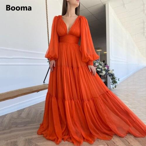 Booma Simple Orange Chiffon Prom Dresses Long Sleeves Deep V-Neck Pleated Evening Dresses A-Line Wedding Party Gowns Plus Size