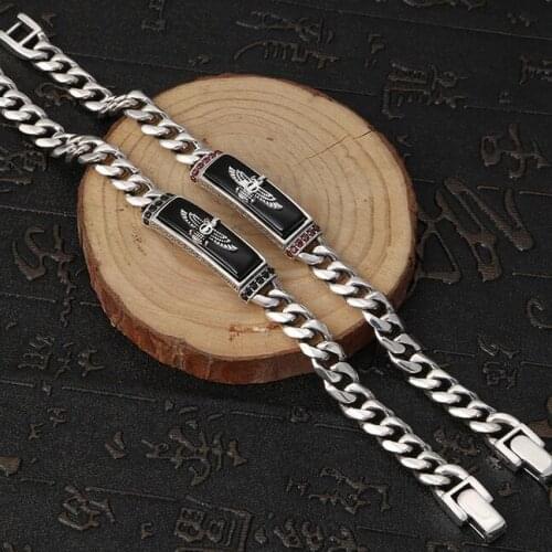 Handcrafted 925 Silver Eagle Bracelet Sterling Onyx Eagle Man Bracelet Vintage Pure Silver Link Bracelet Man Jewelry Gift