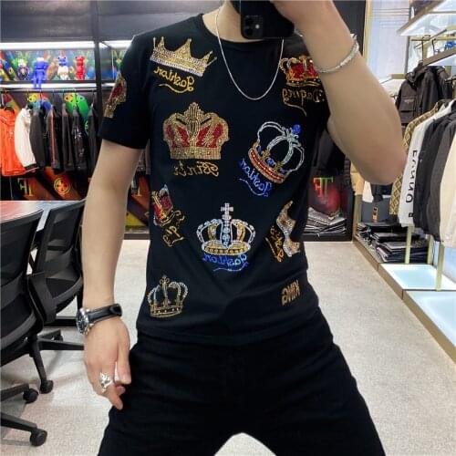Black Short Sleeve T-shirt Short Sleeve Tshirt Hot Diamond Top Men Fashion Brand Personality 2021 Summer Tee Shirt Homme