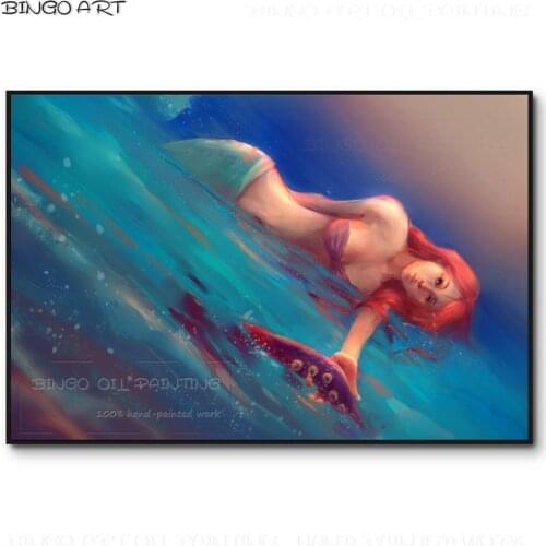 Pure Hand-painted Pop Fine Art The Little Mermaid Sea Oil Painting on Canvas Handmade Beautiful Mermaid Girl Figure Oil Painting