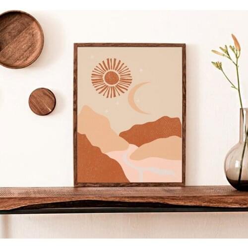 Moon and Sun Poster Canvas Print Boho Bedroom Decor Terracotta Art Burnt Orange Picture Mid Century Abstract Painting Decoration