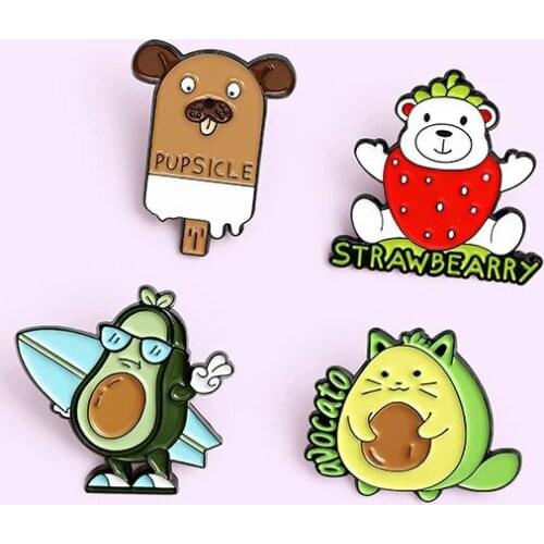 Sweet Cute Animal Dog Cat Bear Enamel Pin Cartoon Fruit Strawberry Avocado Ice Cream Alloy Brooch Badge Fashion Jewelry Gift