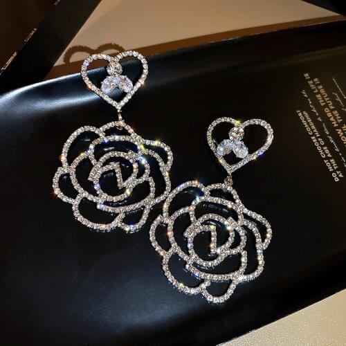 FYUAN Hollow Rose Rhinestone Drop Earrings for Women Flower Crystal Dangle Earrings Weddings Jewelry Accessories