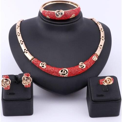 African Beads Jewelry Set Women Red Austrian Crystal Gold Color Fashion African Dubai Necklace Fine Jewelry Sets