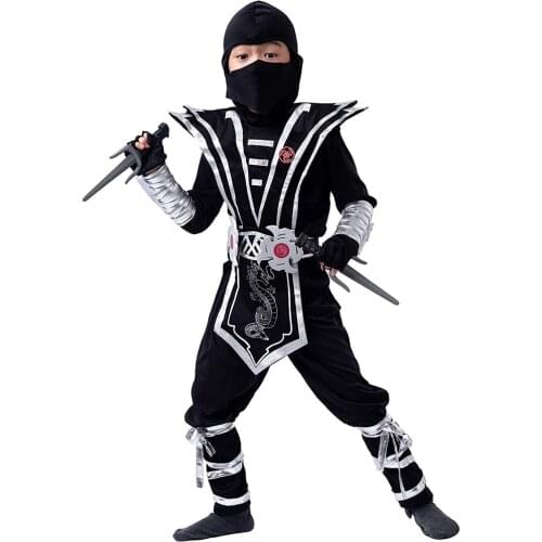 Boy Ninja Costume Kids Silver Dragon Ninja Costumes Children Superhero Cosplay Jumpsuit With Weapon Halloween Carnival Suit