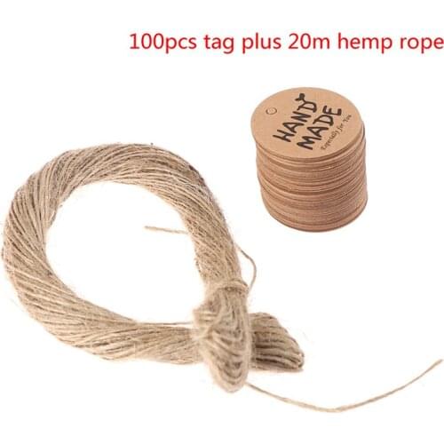 100Pcs Round Handmade With Love Kraft Paper Hang Tags+20m Hemp Strings Garment Luggage Labels Mark Gift Paper Tags