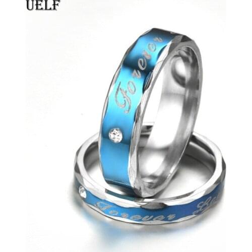 Uelf Blue Forever Love Wedding Rings Couple Eternity Engagement Heart and Crystal Men Women Ring In Stainless Steel
