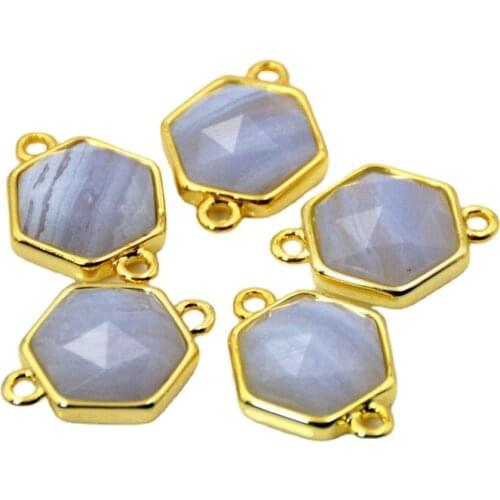 Natural faceted blue lace agates Hexagon shape Gem stone connector gold plating setting jewelry charms fashion bracelet findings