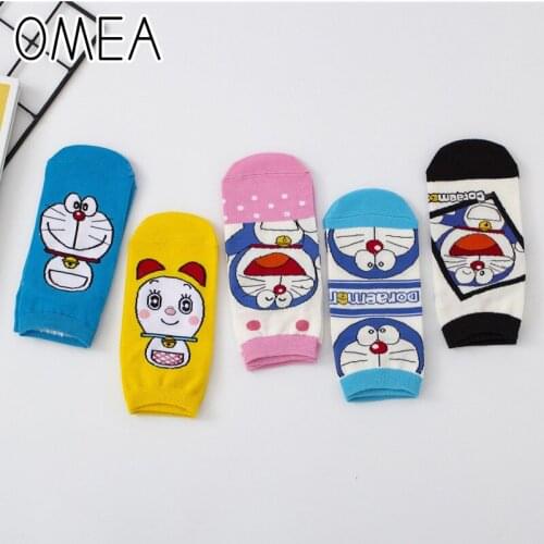 OMEA Cartoon Cat Women Sock Slippers Spring Short Invisible Socks Cotton Robot Cat Blue Silica Gel Non-Slip No Show Socks Autumn