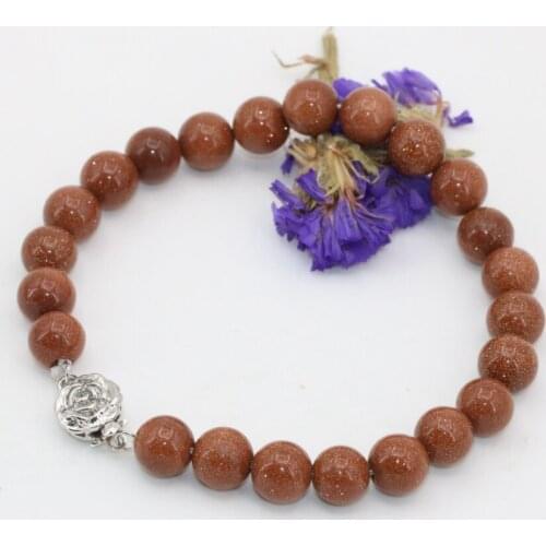 Vintage style original 8mm women bracelet strand beads gold-color sandstone semi-precious stone round jewelry gifts 8inch B2712