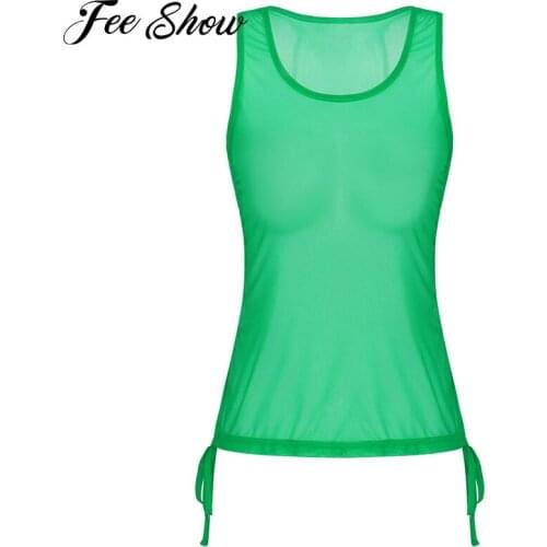 Sexy Womens Fashion Mesh Sheer See Through Sleeveless Bralette Camisole Adjustable Drawstring U Neck Vest Tank Crop Tops T-shirt