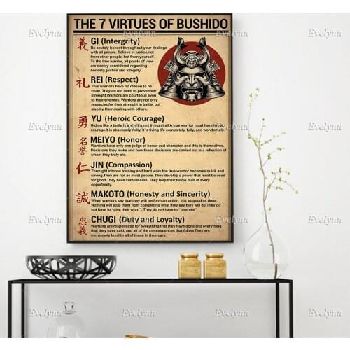 The Seven Virtues Of Bushido Poster Samurai Warrior Quotes 7 Virtues Of Bushido Wall Art Prints Home Decor Canvas FloatingFrame