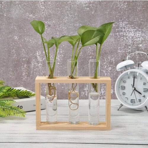 Transparent Glass Vase Wood Frame Iron Art Terrarium Bonsai Table Ornaments Glass and Wood Vase Planter Terrarium