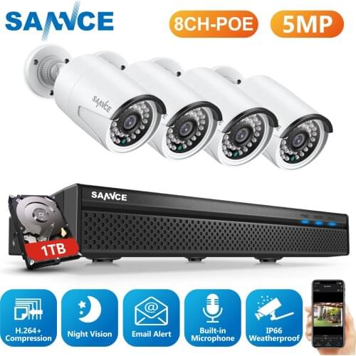 SANNCE 8CH 5MP HD POE Network Video Security System 5MP H.264+ NVR With 4X 5MP 30M EXIR Night Vision Weatherproof IP Camera
