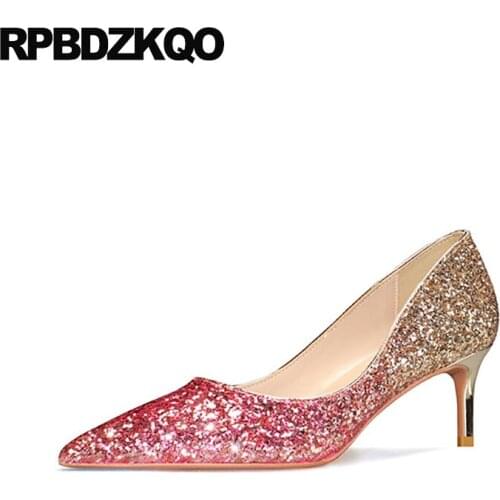 Thin Pink Golden High Heels Size 4 34 Medium 8cm Pointed Toe Slip On 33 Ladies Gold Bridal Shoes 10 42 Glitter Wedding Pumps Big