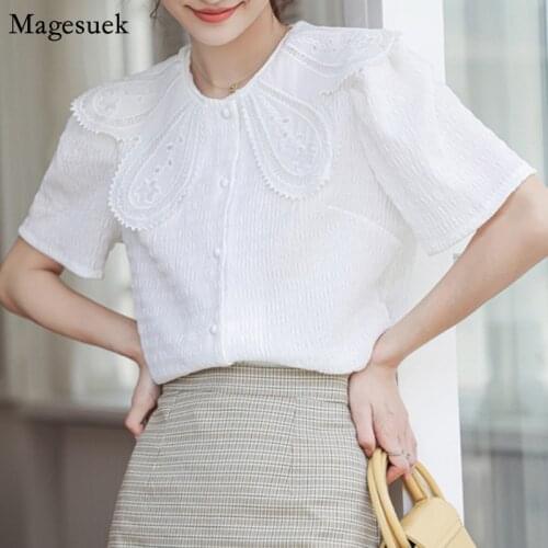 Lace Embroidery Blouse Women 2021 Summer Short Sleeve Women White Shirt Chic Turn-down Collar Button Female Tops Blusas 14837