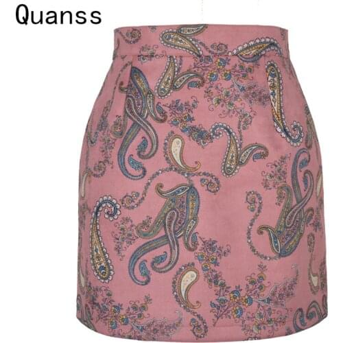 Quanss 2021 Womens Suede Vintage Print Skirt Autumn Winter Fashion High Waist Y2K Mini Skirts Female Bodycon Casual Outfits