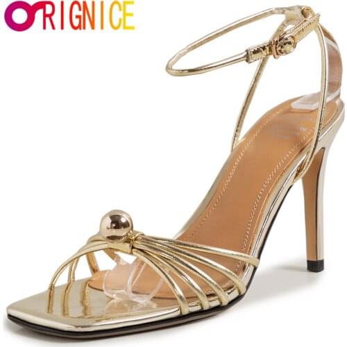 Orignice Sexy Pearl Studded Women Gladiator Sandals Narrow Band Runway Ankle Strappy High Heel Square Toe Party Wedding Shoes