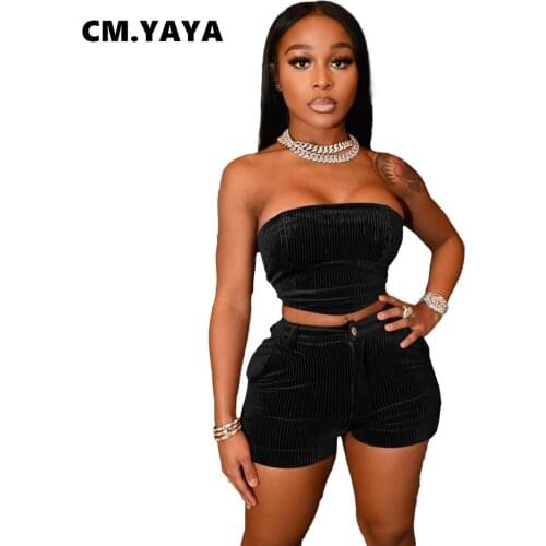 CM.YAYA Women Set Solid Sleeveless Strapless Crop Tops Zipper Pockets Shorts Two 2 Piece Sets Fashion Tracksuit Summer Outfits