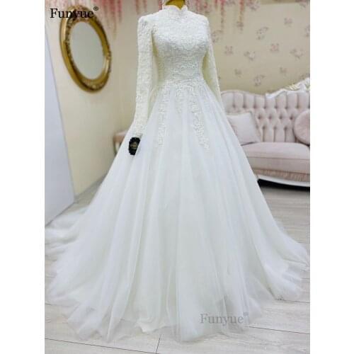 Elegant High Neck Muslim Wedding Dress Lace Long Sleeves Ivory Arabic Ball Gowns Tulle Bridal Dresses Robe De Mariage