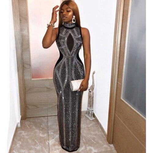 Womens Evening Dress Sexy Slim Net Gauze Hot Drilling Perspective Prom Club Robes De Cocktail Mother of The Bride Vestidos