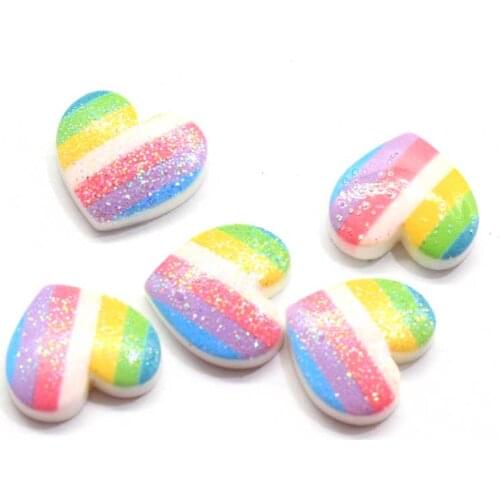 17MM Resin Rainbow Glitter Heart Cabochons High Quality Resin Flatback Stripe Heart Beads Hair Bow Center handcraft